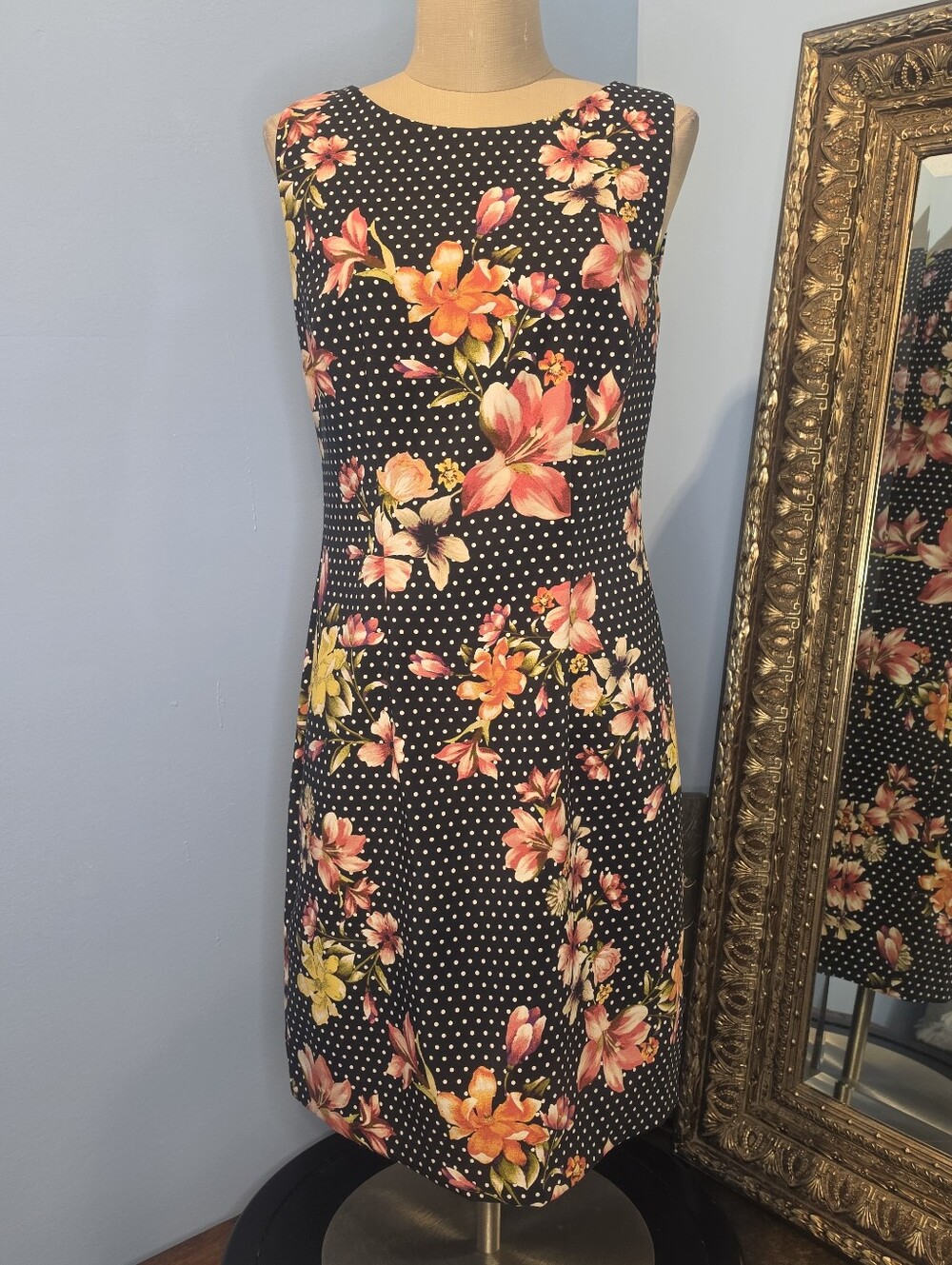 Alyx • Black Floral Polka Dot Sleeveless Sheath Dress. Sz 4. EUC